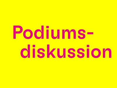 Schriftzug Podiumsdiskussion in Magenta auf gelbem Grund